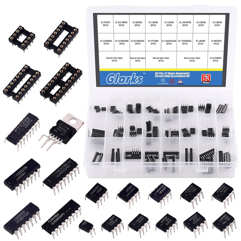 [Australia - AusPower] - Glarks 63Pcs IC Chip Assortment Include LM358, LM324, LM386, JRC4558, ICL7660, LM393, LM339, NE5532, NE555, PC817, TDA2030, TDA2822, PT2399, UC3842, UC3843, ULN2003, ULN2803 and 8/14/16/18 Pin DIP IC 