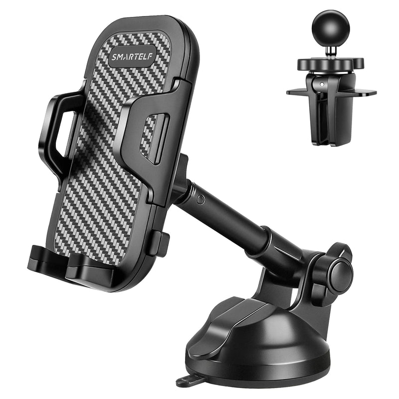 [Australia - AusPower] - smartelf Cell Phone Mount Holder for Car Dashboard Windshield Air Vent with Durable Alloy Structure Long Telescopic Arm Strong Suction Car Phone Mount Universal Car Phone Holder for All Phones (Black) Black 