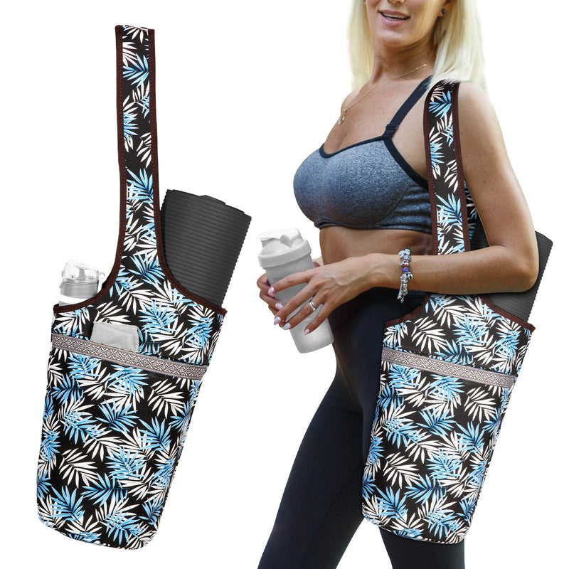 [Australia - AusPower] - SARHLIO Yoga Mat Bag with Large Size Open Pocket and Inside Zipper Pocket Yoga Mat Carrier Bag Fit Most Size Mats Yoga Bag for Women Men Easy Access Lightweight Comfortable Shoulder Strap Black Maple Leaf 