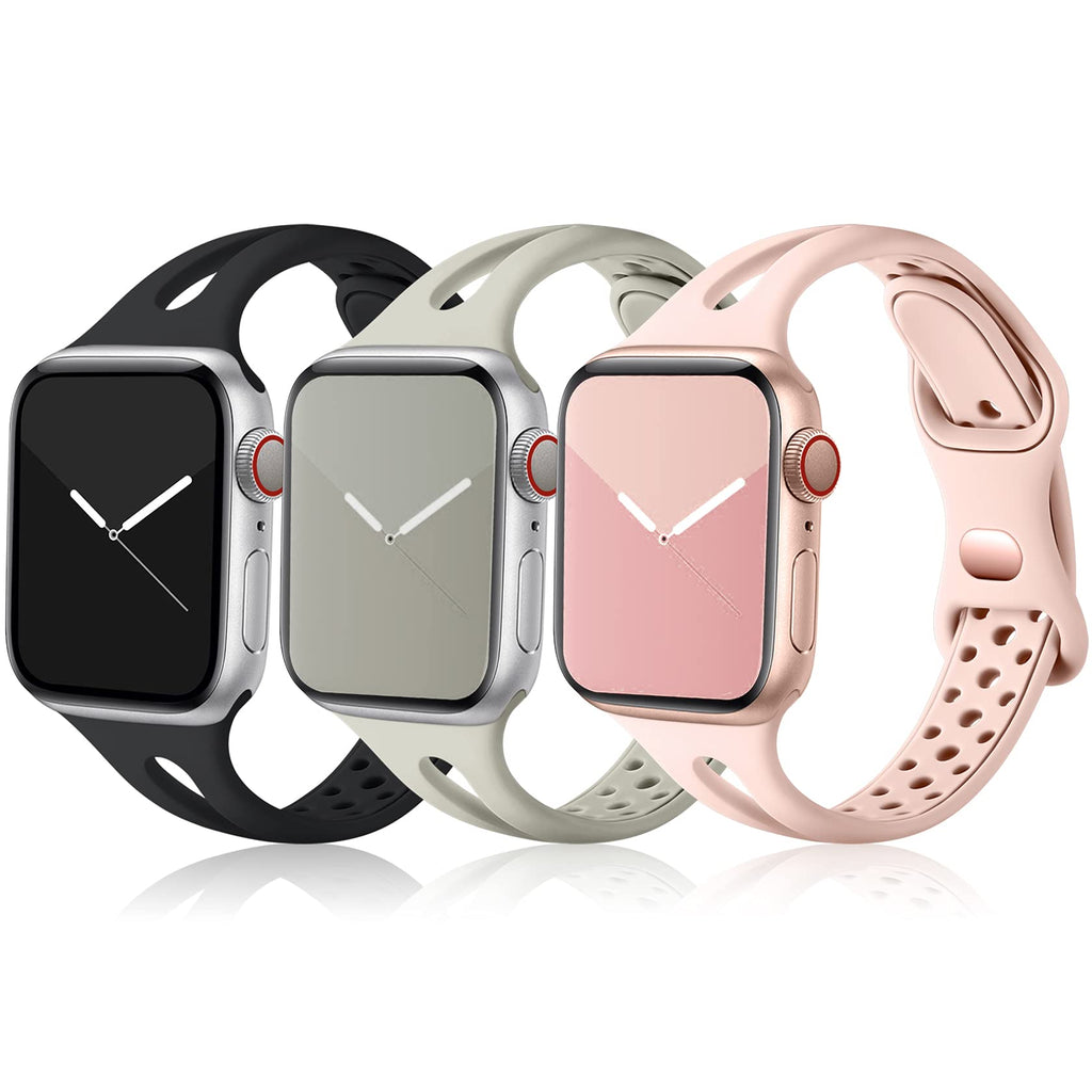 [Australia - AusPower] - Ouwegaga Compatible with Apple Watch Band 38mm 40mm 41mm, Soft Silicone Narrow Slim Sport Breathable iWatch Bands Replacement Strap for iWatch SE & Series 7 6 5 4 3 2 1 for Women Men, Black Gray Pink Black/Gray/Pink 38mm/40mm/41mm 