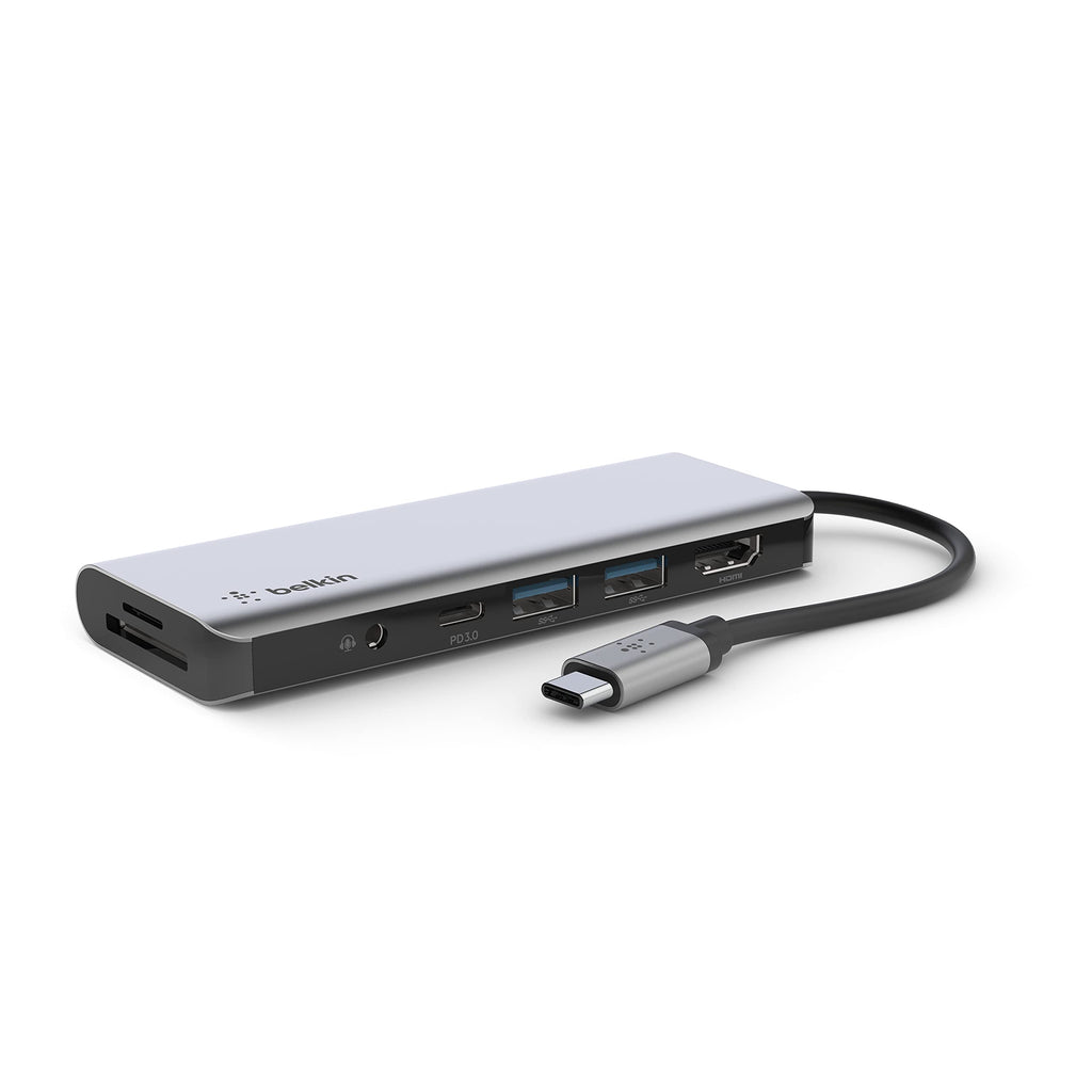 [Australia - AusPower] - Belkin USB C Hub, 7-in-1 MultiPort Adapter Dock with 4K HDMI 1.4, USB-C PD 3.0, 2X USB-A 3.0 BC1.2, SD 3.0 Card Reader, Micro SD 3.0, 3.5 mm Audio in/Out for MacBook Pro,Air, iPad Pro, XPSand More 7-in-1 USB-C Hub 