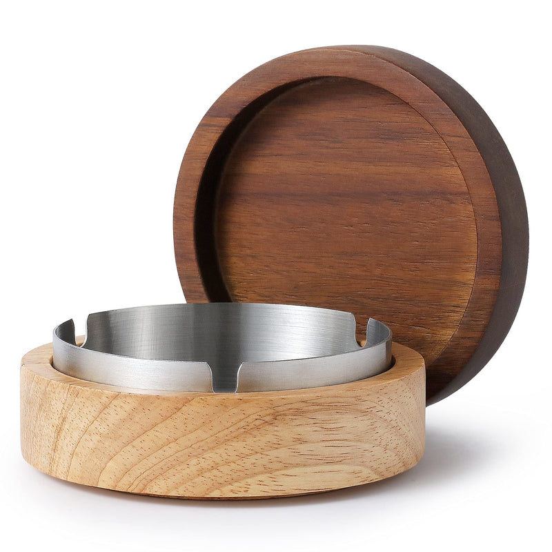 [Australia - AusPower] - Wooden Ashtray with Lid for Smokers Stainless Steel Liner Ash Tray Windproof Durable Easy to Clean Cool Ashtrays for Indoor or Outdoor Use, Patio, Office & Home 4.7 in x 4.7 in x 2.1 in Wood 