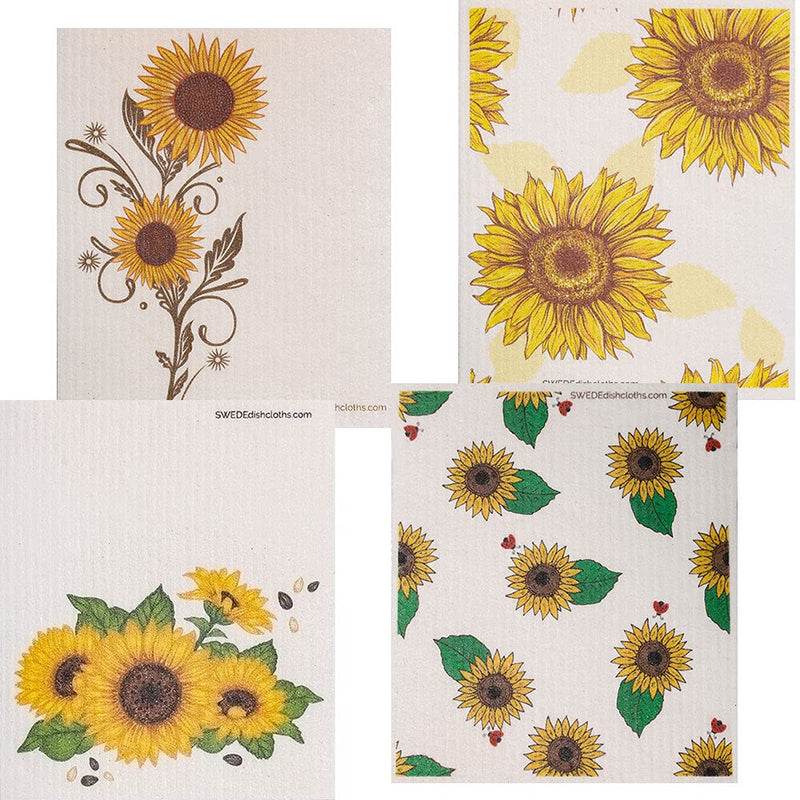 [Australia - AusPower] - Swedish Dishcloth Mixed Sunflowers Set of 4 Each Swededishcloths (one of each design) | ECO Friendly Reusable Absorbent Cleaning Spongecloth 