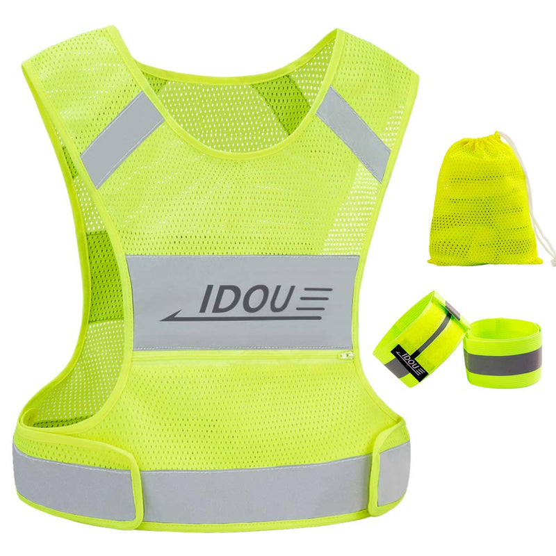 [Australia - AusPower] - IDOU Reflective Vest Safety Running Gear with Pocket,High Visibility for Running,Biking,Walking,Women & Men Yellow（1vest+2bands） Medium 