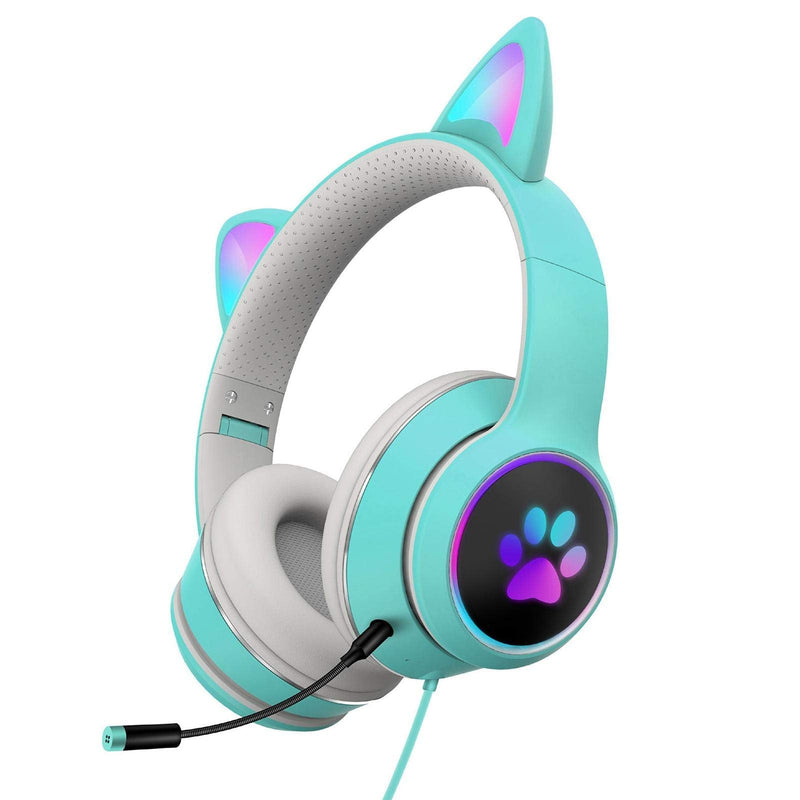 [Australia - AusPower] - LVOERTUIG Cat Ear Headphones,Foldable and Stretchable Wireless Bluetooth Gaming Headset with RGB LED Light Wired Gaming Headset Stereo Sound,Over Ear Headphones Gift for Kids and Adult Green 