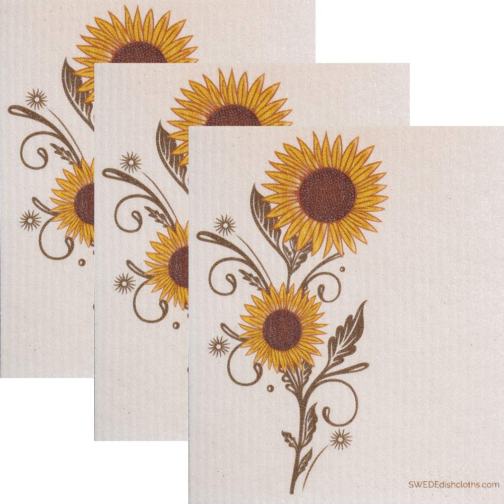 [Australia - AusPower] - Swedish Dishcloth (Sunshine Sunflower) Set of 3 Each Paper Towel Replacements | Swededishcloths | ECO Friendly Reusable Absorbent Cleaning Sponge Cloths 