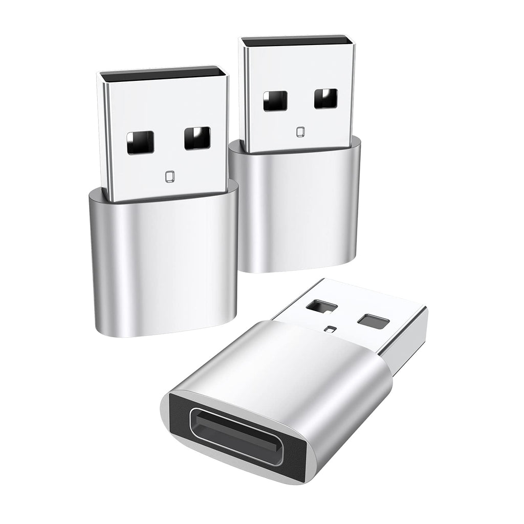 [Australia - AusPower] - USB C Female to USB Male Adapter 3 Pack, Type C to USB A Charger Cable Adapter, Works with iPhone 12/11 Mini Pro Max, iPad Air/Pro, Samsung Galaxy S21/S20, Google Pixel 5/4 and More silvery 