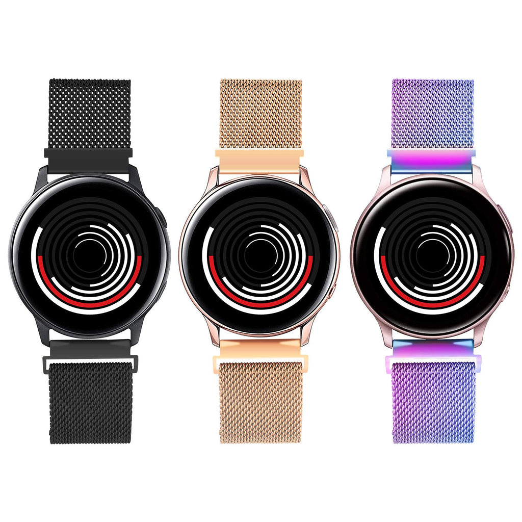 [Australia - AusPower] - YUEJIAMEI 3-Pack Bands Compatible with Galaxy Active 2 Watch 40mm 44mm/Galaxy Watch 4 40mm 44mm/Classic 42mm 46mm/Watch 3 41mm, 20mm Stainless Steel Mesh Band for Women Men (Black/Rose Gold/Colorful) Black/Rose Gold/Colorful 