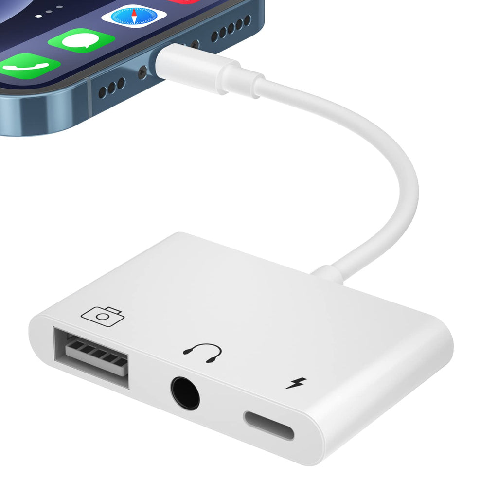 [Australia - AusPower] - USB to iPhone/iPad Adapter, iPhone USB Camera Adapter with 3.5mm Aux Jack and Charging Port, Compatible with iPhone 13 12 11 X 8 7, Support USB Flash Drive, MIDI Keyboard 