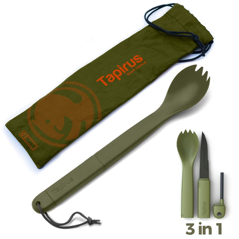 [Australia - AusPower] - Tapirus Spork Tactical Green | BPA Free Spoon Fork, Stainless Steel Knife and Fire Starter | 3 in 1 multipurpose utensil | Take it hiking, camping or backpacking | Carrying case for outdoor activities 