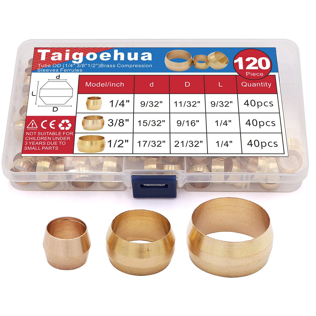 [Australia - AusPower] - Taigoehua 120PCS Tube OD（1/4" 3/8" 1/2") Brass Compression Sleeves Ferrules Fitting Assortment Kit 