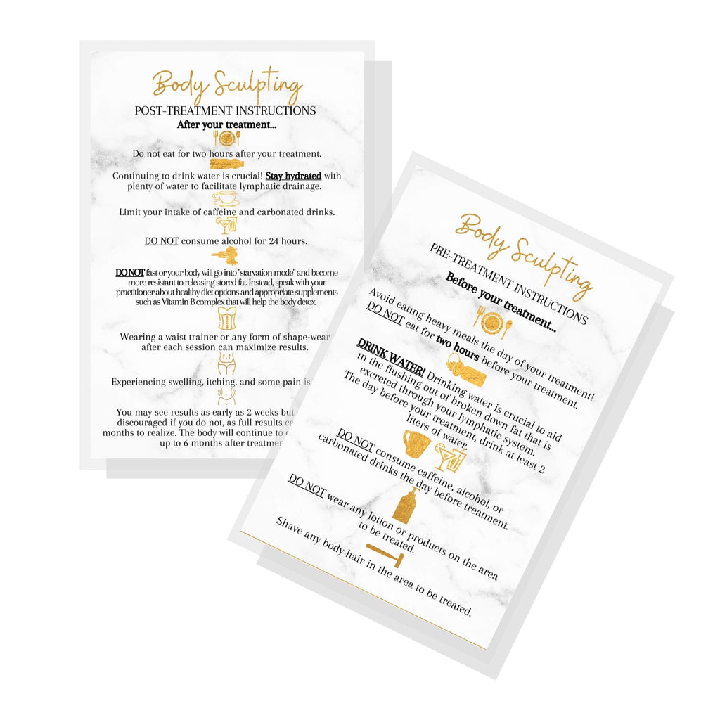 [Australia - AusPower] - Body Sculpting Pre/Post Treatment Infocards | 30 Pack | 4x6” inch Large Postcard Size | Marble Look with Gold Colored Icons Design 