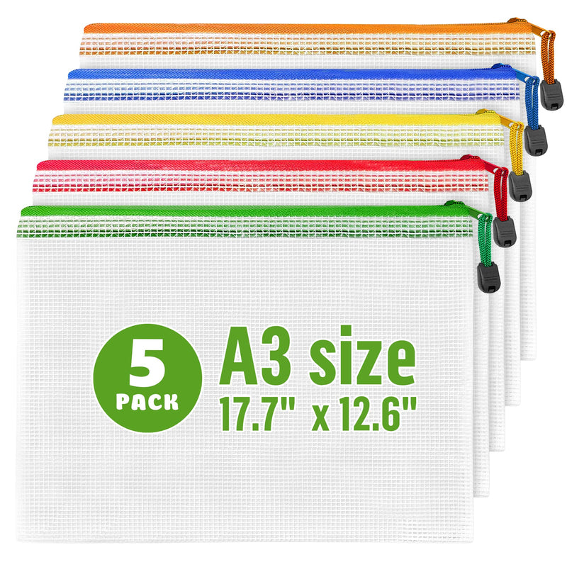 [Australia - AusPower] - 5 Pack A3 Mesh Storage Bags with Zipper for Board Games & Puzzles - Mesh Bag with Zipper - Plastic Mesh Zipper Pouch Document Bag - Large Zip Pouch - Board Game Storage Bags - Waterproof Zipper Pouch 5 Pack A3 