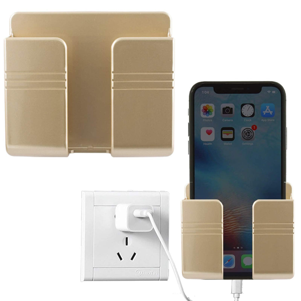 [Australia - AusPower] - 2pcs Wall Mount Phone Holder 3M Adhesive Mobile Phone Charging Stand Holders Remote Control Stand Multipurpose Storage Box for Home Office (Golden) Golden 