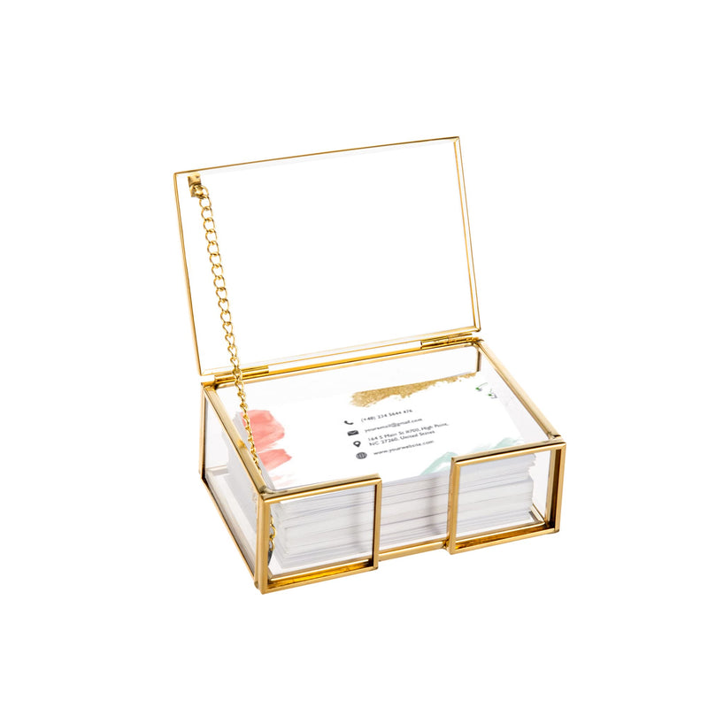 [Australia - AusPower] - Feyarl Clear Gold Glass Business Card Box with Lid Name Card Display Business Card Organizer Container Collection Cards Box Storage for Office Desktop CounterTop Meeting 