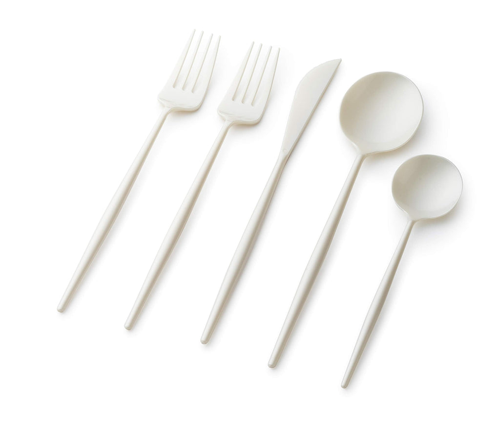 [Australia - AusPower] - Plastic Cutlery Set-40 Set- Disposable Forks, Spoons, Knives- Fancy Flatware Utensil Set for Dinner, Salad, Soup, Tea- Heavy Duty Handle, Modern, Reusable- For Parties, Weddings, Catering (Pearl) Pearl 
