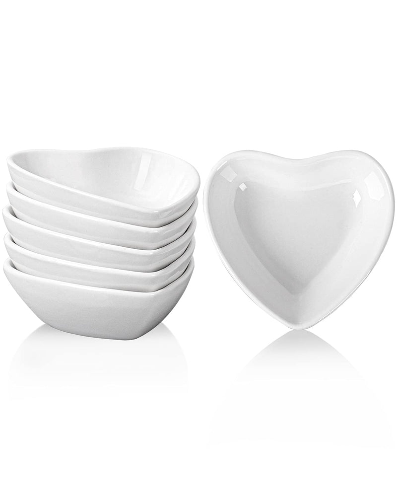 [Australia - AusPower] - Delling Mini Soy Sauce Dish, Heart Shaped Porcelain Small Dipping Bowls Set, Dipping Sauce Dish for Seasonings, Sushi, Appetizers and Best Choice for Mother's Day Gifts-2 Oz, White, Set of 6 