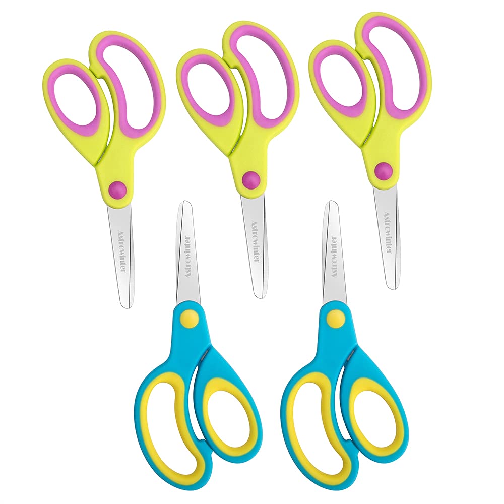 [Australia - AusPower] - Left-handed Kids Scissors by Astrowinter (Pack of 5, Rounded-tip, 5.2-Inch) - Lefty Soft Touch Blunt School Student Scissors Shears AW-004-C 