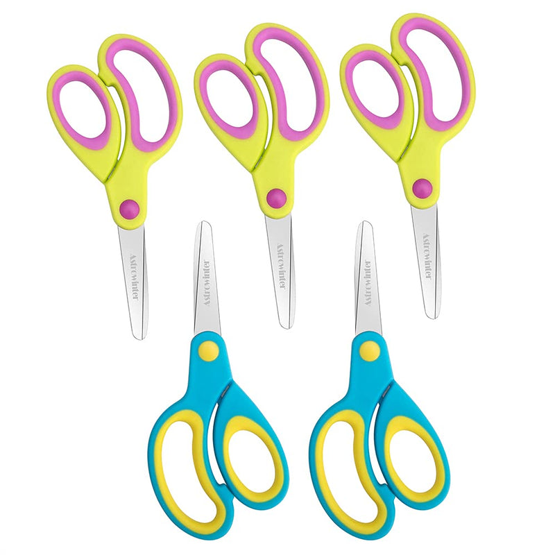 [Australia - AusPower] - Left-handed Kids Scissors by Astrowinter (Pack of 5, Rounded-tip, 5.2-Inch) - Lefty Soft Touch Blunt School Student Scissors Shears AW-004-B Green 