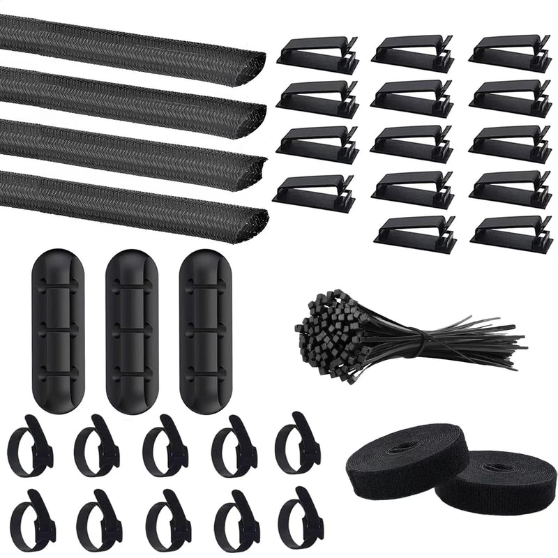 [Australia - AusPower] - SOULWIT 134Pcs Cable Management Kit, 4 Wire Organizer Sleeve, 3 Cable Holder, 10+2 Cable Organization Straps, 15 Large Cord Clips, 100 Cable Ties for TV PC Computer Under Desk Office Black 