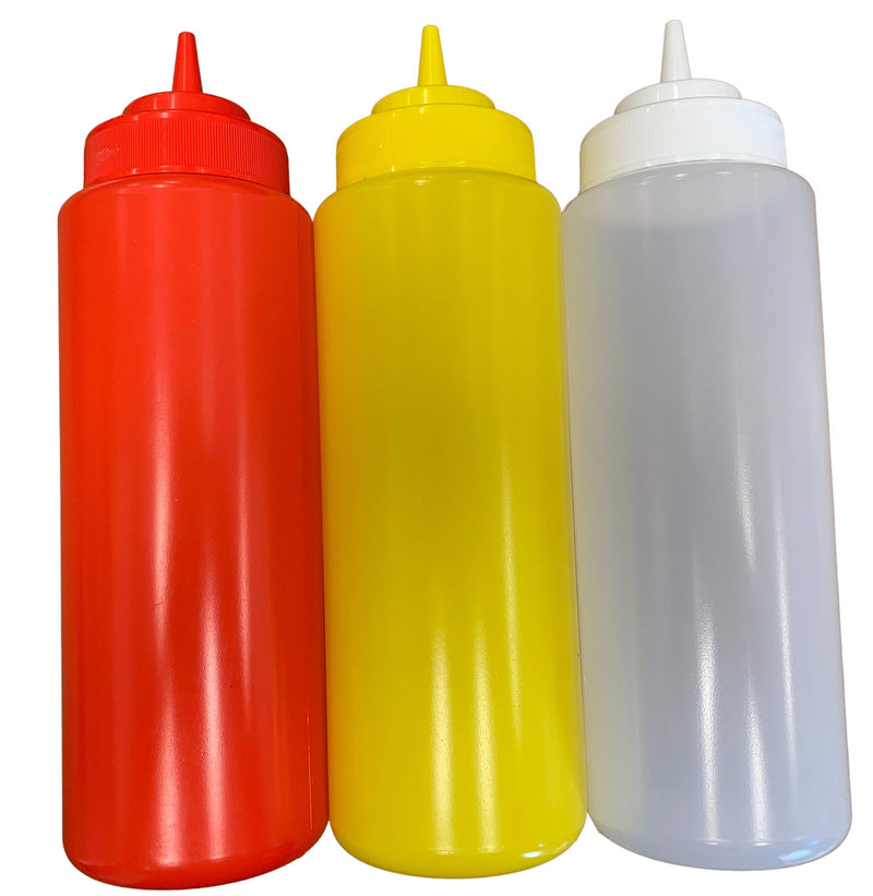 [Australia - AusPower] - Large Ketchup Mustard and Clear BPA Free Food Prep Set of 3 Plastic Squeeze Bottles for Condiments Holds 32 oz Each 