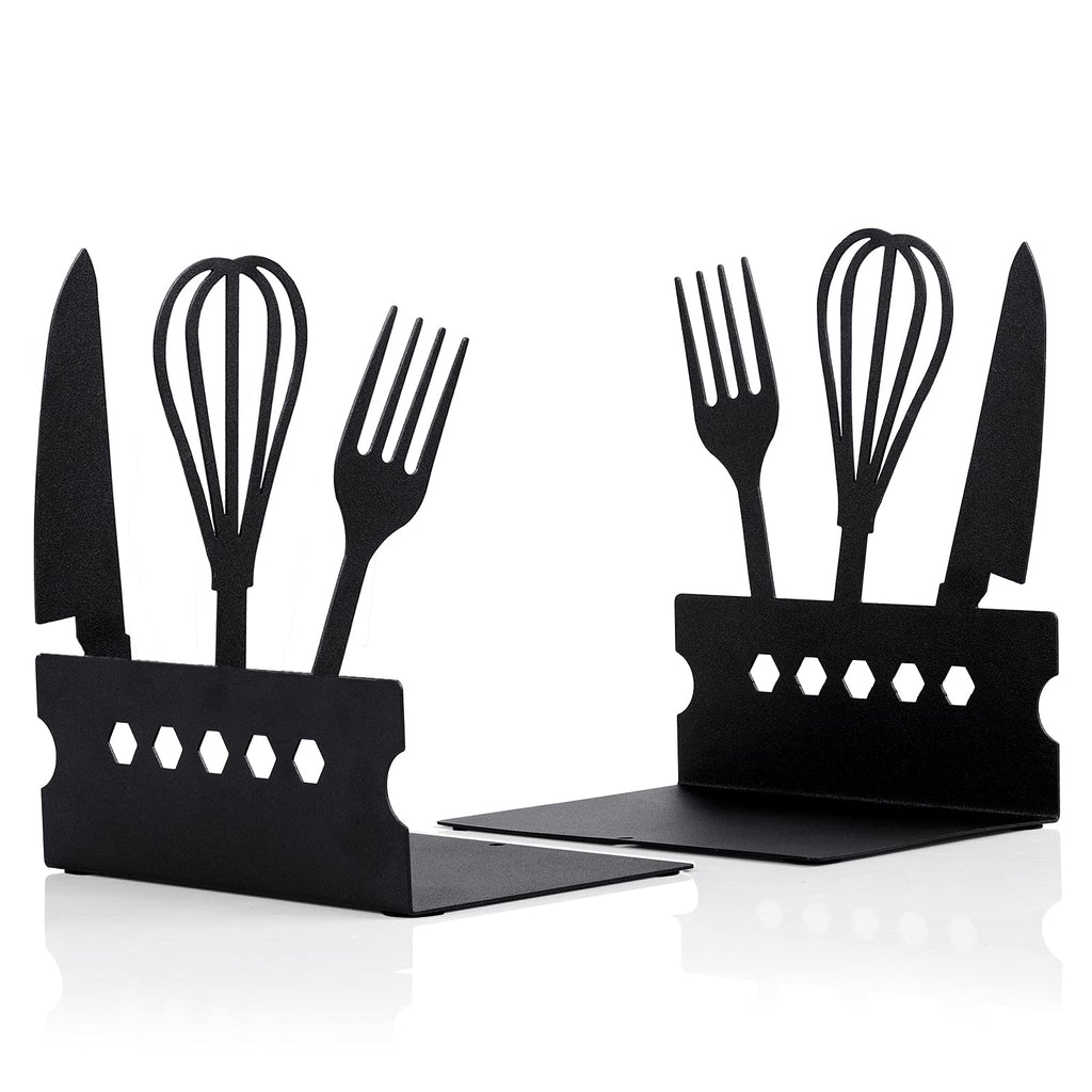 [Australia - AusPower] - Cookbook Bookends, Sturdy Decorative Book Ends for Kitchen, Heavy Duty Metal Book Stoppers to Hold Recipe Upright on Their Own, Professional Cook Book Decoration (1 Pair of Black Dining Set) Dinner Set 