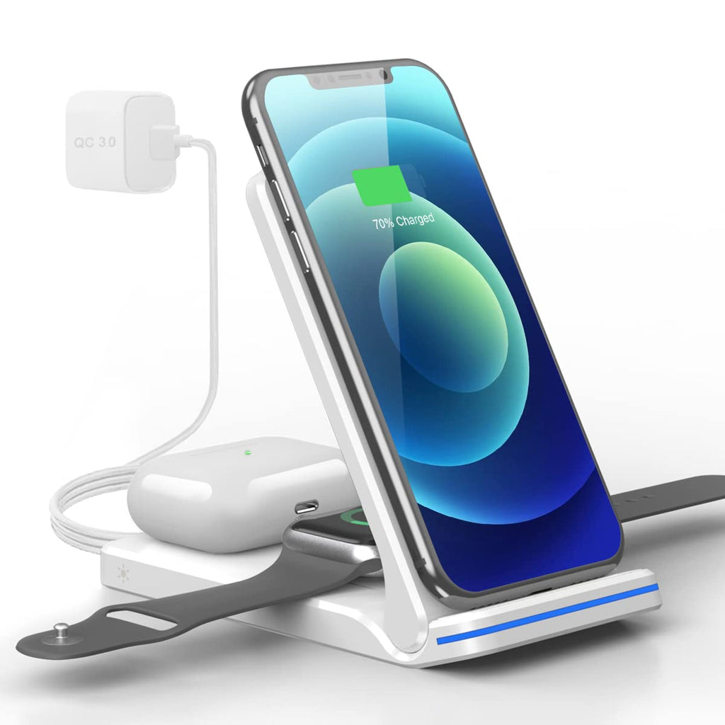 [Australia - AusPower] - Foldable Wireless Charger, 3 in 1 Wireless Charging Station for Multiple Devices Apple Fast Charging Stand for Apple Watch, iPhone 13/13 Pro/12/12 Pro/11/11 Pro Max/XR/X/Xs/8, Airpods2 (White) White 