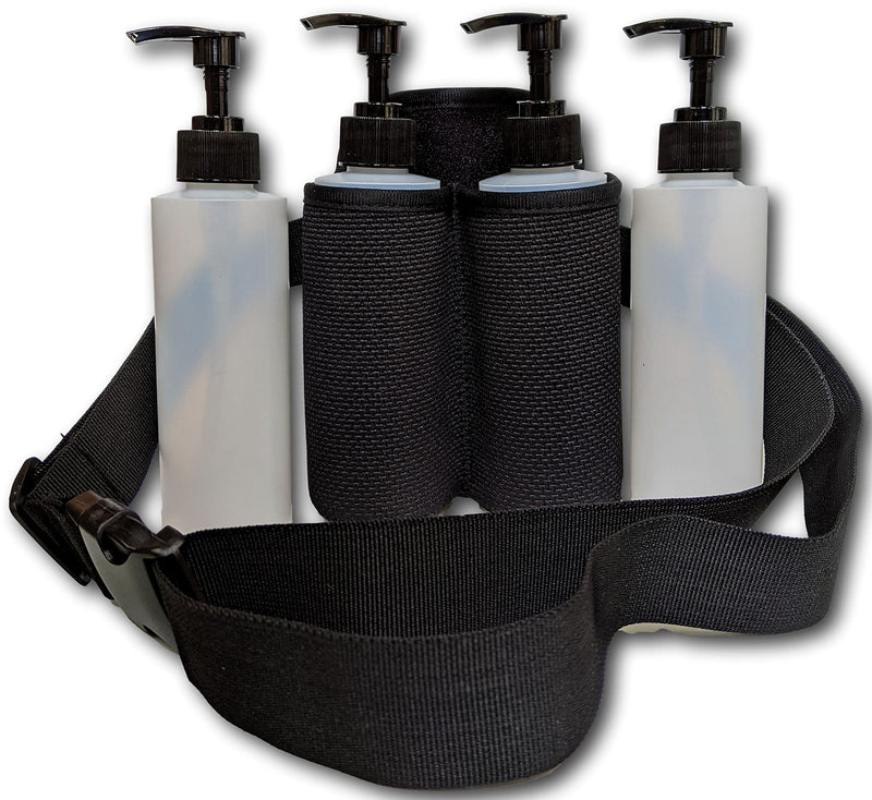 [Australia - AusPower] - Earth's Essentials Double Massage Bottle Holster Bundle - Includes (4) Eight Ounce Bottles / (4) pumps / (4) Disc Caps & (1) Heavy Duty Insulated Double Holster With Belt for Massage Oils & Lotions 