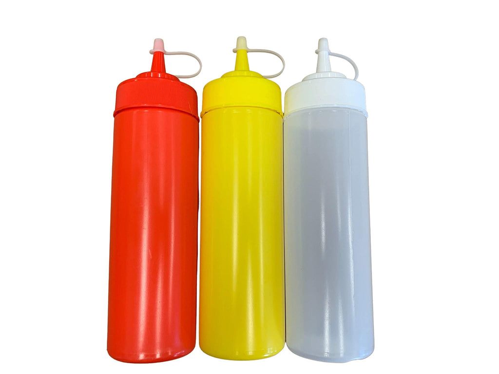 [Australia - AusPower] - Ketchup Mustard and Clear BPA Free Widemouth Food Prep Set of 3 Plastic Squeeze Bottles with Caps for Condiments Holds 12 oz Each 