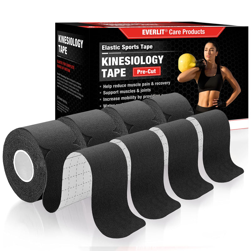 [Australia - AusPower] - EVERLIT [4-Pack] Pre-Cut Elastic Cotton Kinesiology Therapeutic Athletic Sports Tape, for Pain Relief and Support, 80 Precut 10” Strips (Black) Black 