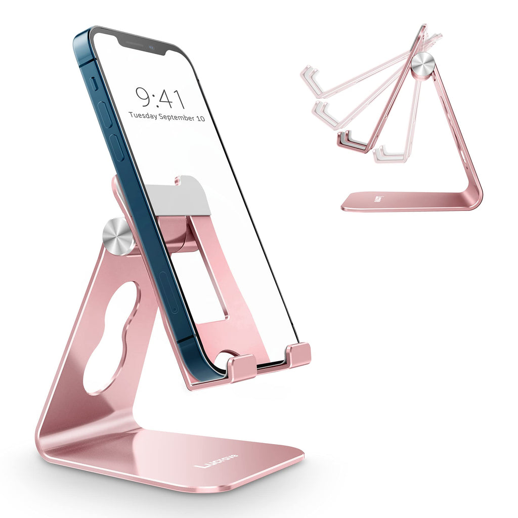 [Australia - AusPower] - Lucrave Adjustable Phone Stand, Aluminum Desktop Cell Phone Stand Holder Cradle with Larger Body, Longer Arm Compatible with All Mobile Phones, iPhone, iPad, Tablet(4-10in), Rose Gold 