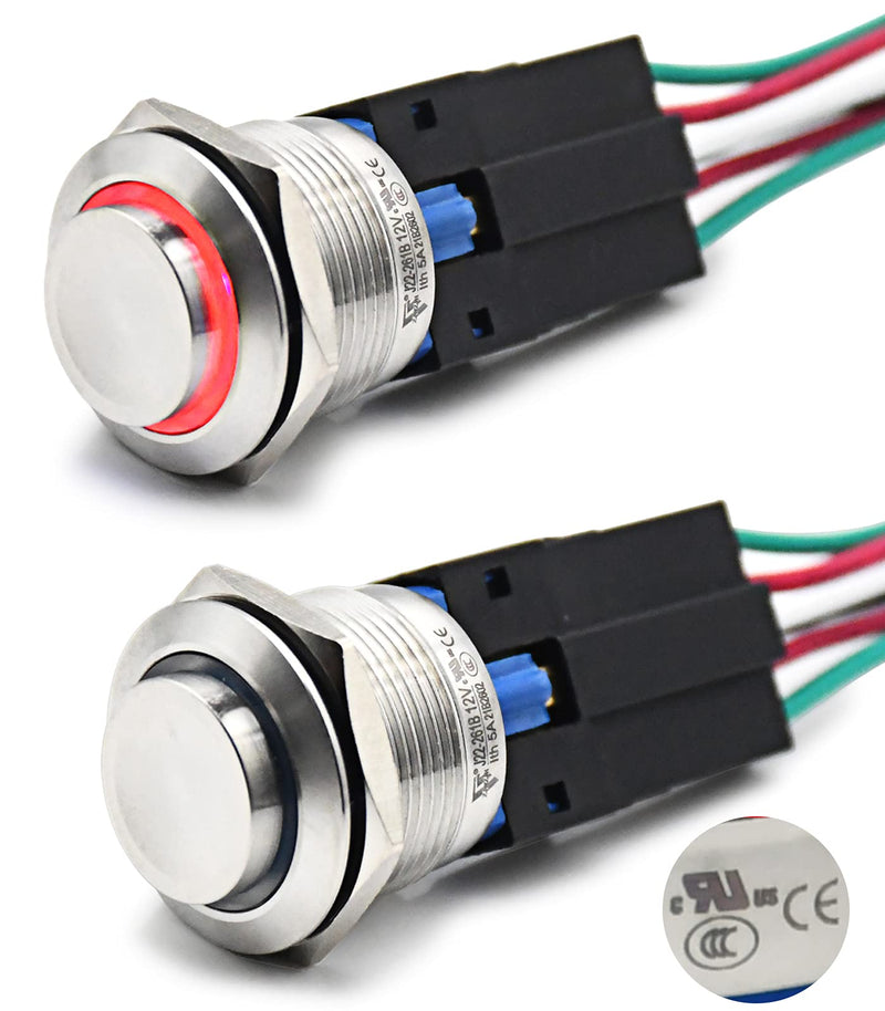 [Australia - AusPower] - 22mm Push Button Switch Momentary Latching High Round Waterproof IP67 On Off Stainless Steel 304 with 12V LED for 7/8" with Wire 2PCS (Red, Momentary,12V) Red 
