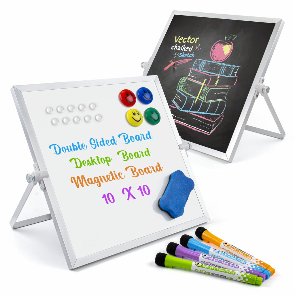 [Australia - AusPower] - UNEEDE Small Dry Erase Board, 10" x 10" White Board with Stand, Double-Sided Desktop WhiteBoard with 4 Makers, 4 Magnets, 1 Erase, Portable Magnetic Mini Chalk Board for Kids Students Office Home 