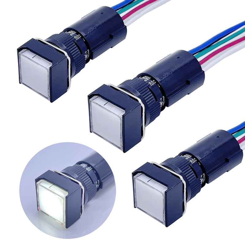 [Australia - AusPower] - 16mm Push Button Switch Square 1NO 1NC SPDT Momentary Switch 5/8" ON/Off with DC 12v LED Light Waterproof Self-Reset 5 Pin with Wire 3 Pcs K16-281 (White, Momentary) White 