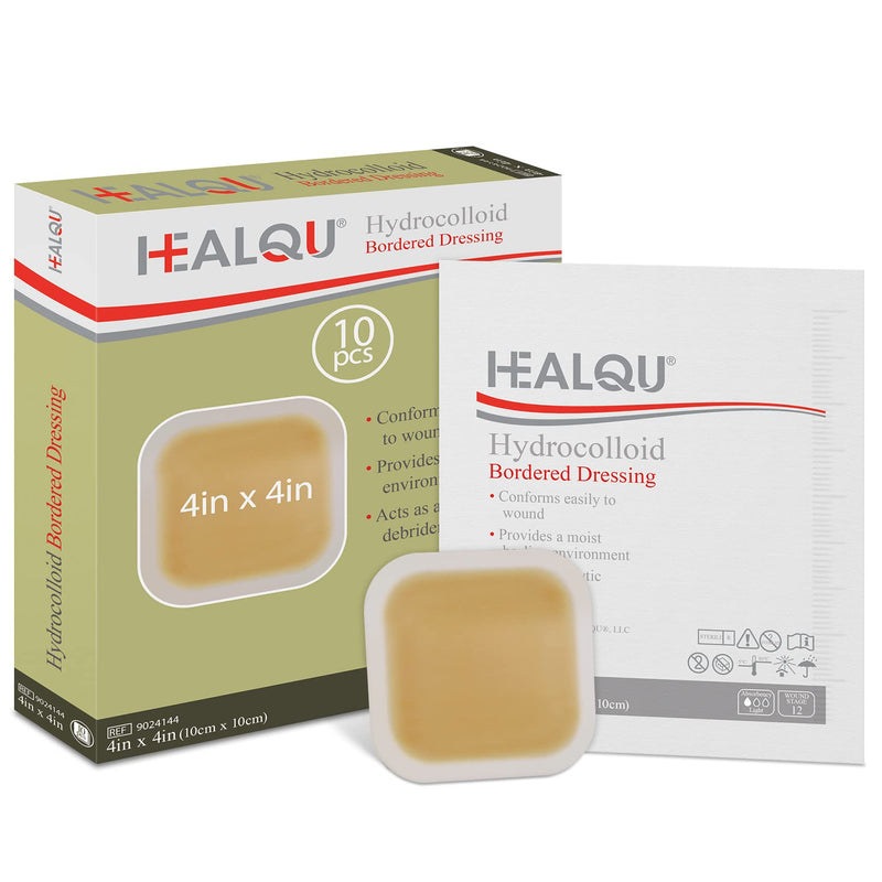 [Australia - AusPower] - Healqu Hydrocolloid Wound Dressing - 4x4" Bordered - Box of 10 Large Bandages - Sterilized Bordered Hydrocolloid Patches for Bed Sores, Abrasions, and More - Waterproof and Absorbent with Protective 