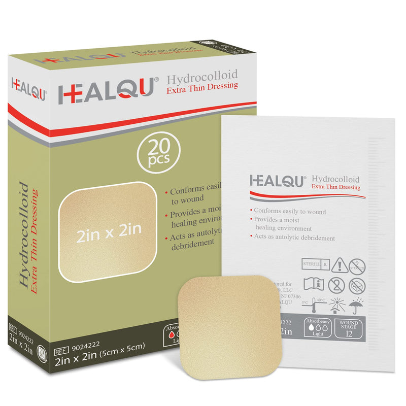 [Australia - AusPower] - Healqu Hydrocolloid Wound Dressing - 2x2" Thin - Box of 20 Large Bandages - Sterilized Bordered Hydrocolloid Patches for Bed Sores, Abrasions, and More - Waterproof and Absorbent with Protective 