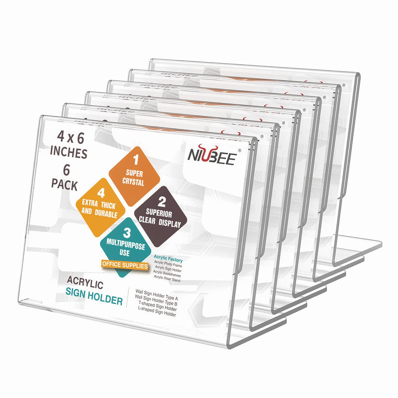 [Australia - AusPower] - NIUBEE Slanted Back Acrylic Sign Holder 6 x 4 Inches, Clear Plastic Sign Holder Paper Display Table Stand for Office, Store, Restaurant -Horizontal (6 Pack) 4x6 Horizontal 