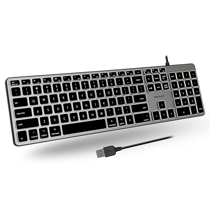 [Australia - AusPower] - Macally Backlit Mac Keyboard Wired - Quiet, Sleek, and Functional - 3 Brightness Levels, 107 Keys - 5ft USB Wired Apple Keyboard - Backlit Wired Keyboard for Mac, iMac, MacBook Pro/Air - Space Gray 