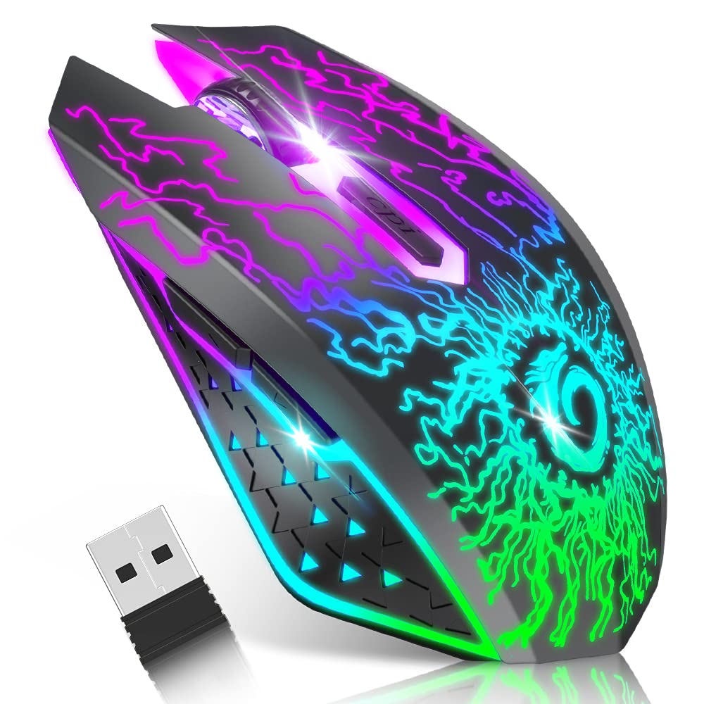 [Australia - AusPower] - VersionTECH. Wireless Gaming Mouse, Rechargeable Computer Mouse Mice with Colorful LED Lights, Silent Click, 2.4G USB Nano Receiver, 3 Level DPI for PC Gamer Laptop Desktop Chromebook Mac -Black black 