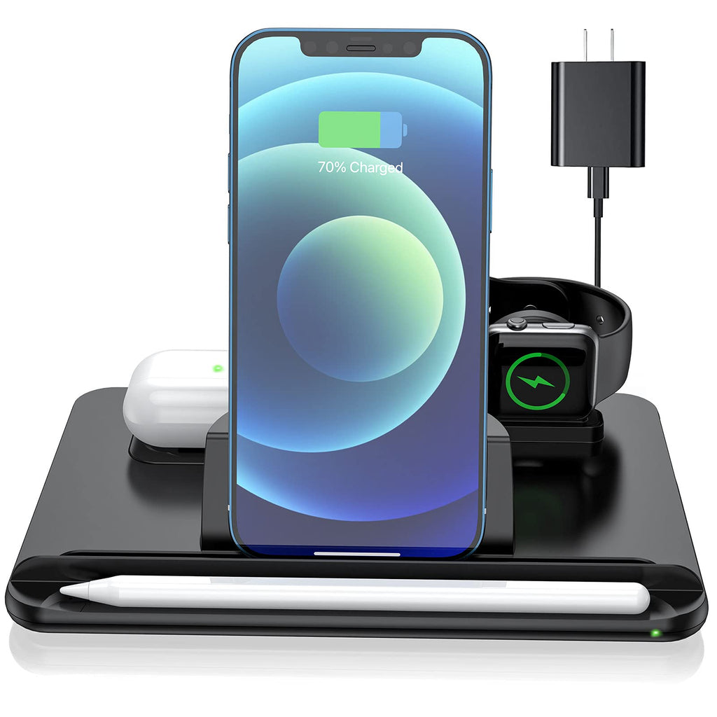 [Australia - AusPower] - Wireless Charging Station, Wireless Charger for Apple, 4 in 1 Wireless Charging Station for iPhone 12/11 Pro Max/X/XS, AirPods 2/Pro, Apple iWatch Series, Apple Pencil 2, with iPad Stand Holder 