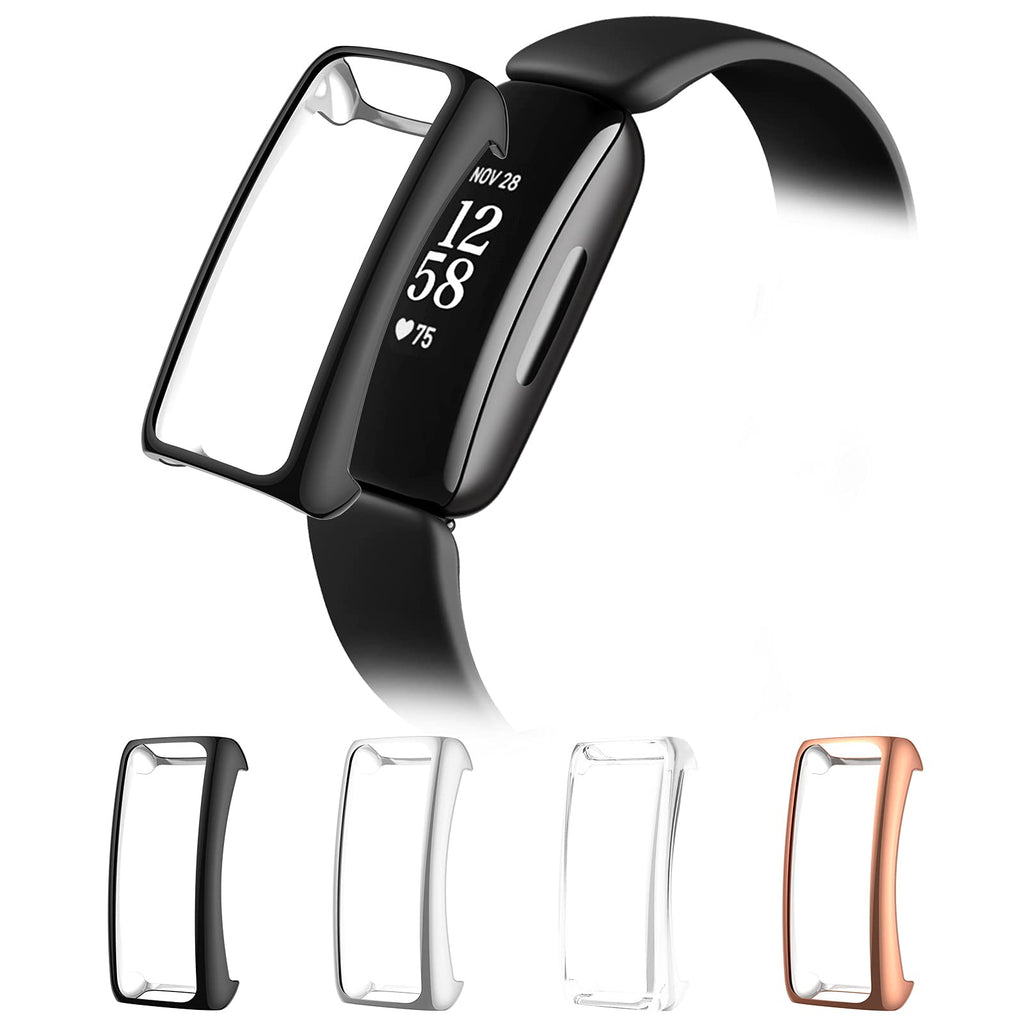 [Australia - AusPower] - NANW 4-Pack Screen Protector Compatible with Fitbit Inspire 2 (Not for Inspire/Inspire HR), Overall Protective TPU Plated Case, HD Clear Ultra-Thin Plated Bumper Shell for Inspire 2 Smart Watch Black/Silver/Clear/Rosegold 