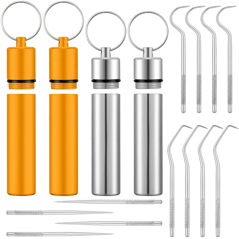 [Australia - AusPower] - 4 Set Portable Titanium Toothpick Mini Metal Toothpick Pocket Holder Keychain Stainless Steel Toothpick Tools for Travel Outdoor Picnic and Camping 