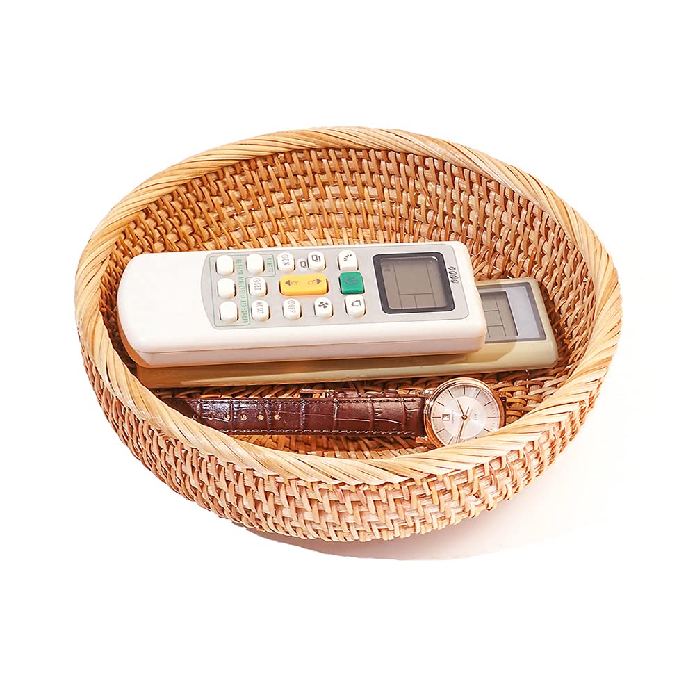 [Australia - AusPower] - Small Round Keys Storage Basket for Entryway Table Tabletop Wicker Catchall Organizer Woven Basket for Keys Wallet Remote Control Cards Crackers Fruit Candy Serving Basket 