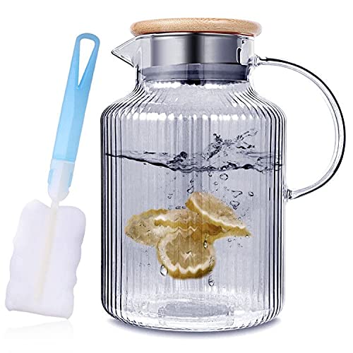 [Australia - AusPower] - LUCKY-GO Glass Pitcher with Filter Lid, Spout and Handle, 61 Ounces Heat Resistant Borosilicate Glass Water Pitcher, Glass Carafe with Brush for Hot Cold Water, Milk, Iced Tea, Juice, Beverage, Gray 