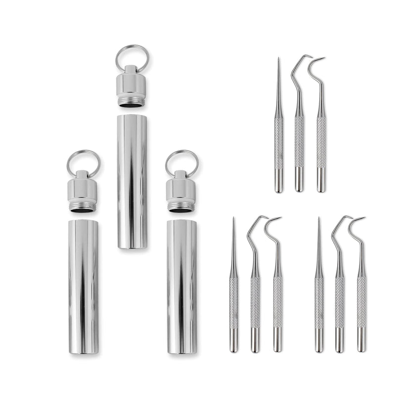 [Australia - AusPower] - 9 pcs Portable Stainless Steel Pocket Set Reusable Metal Toothpicks, 304 small Tooth Scraper, Toothpick Hook Cleaning kit,Toothpick Holder with outdoor Picnic Camping Trip 