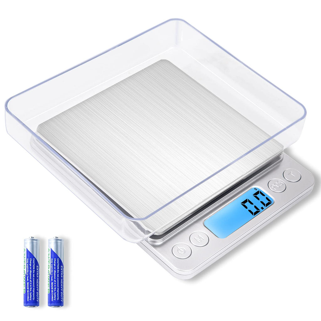 [Australia - AusPower] - Yoncon Small Digital Food Scale Ounce/OZ and Gram Scale, Kitchen Scale 3000g/0.1g High Precision for Baking, Soap Making, Jewelry, Includes 2 Trays and Batteries, 9 Units, Tare Function, Easy to Store Silver 