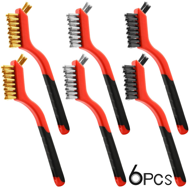[Australia - AusPower] - Wire Brush Set, 6 Pcs Brass/Stainless Steel/Nylon Wire Brushes for Cleaning with Curved Handle Grip for Rust Removal, Dirt, Paint Scrubbing 