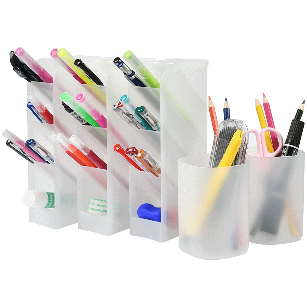 [Australia - AusPower] - ATPWONZ 5 Pack Desk Organizer- Pen Cup/ Makeup Marker Pencil Holder for Office, School, Home Supplies, Translucent White Pen Storage Holder, Set of 3 Workspace Organizers, 2 Cups 14 Compartments 