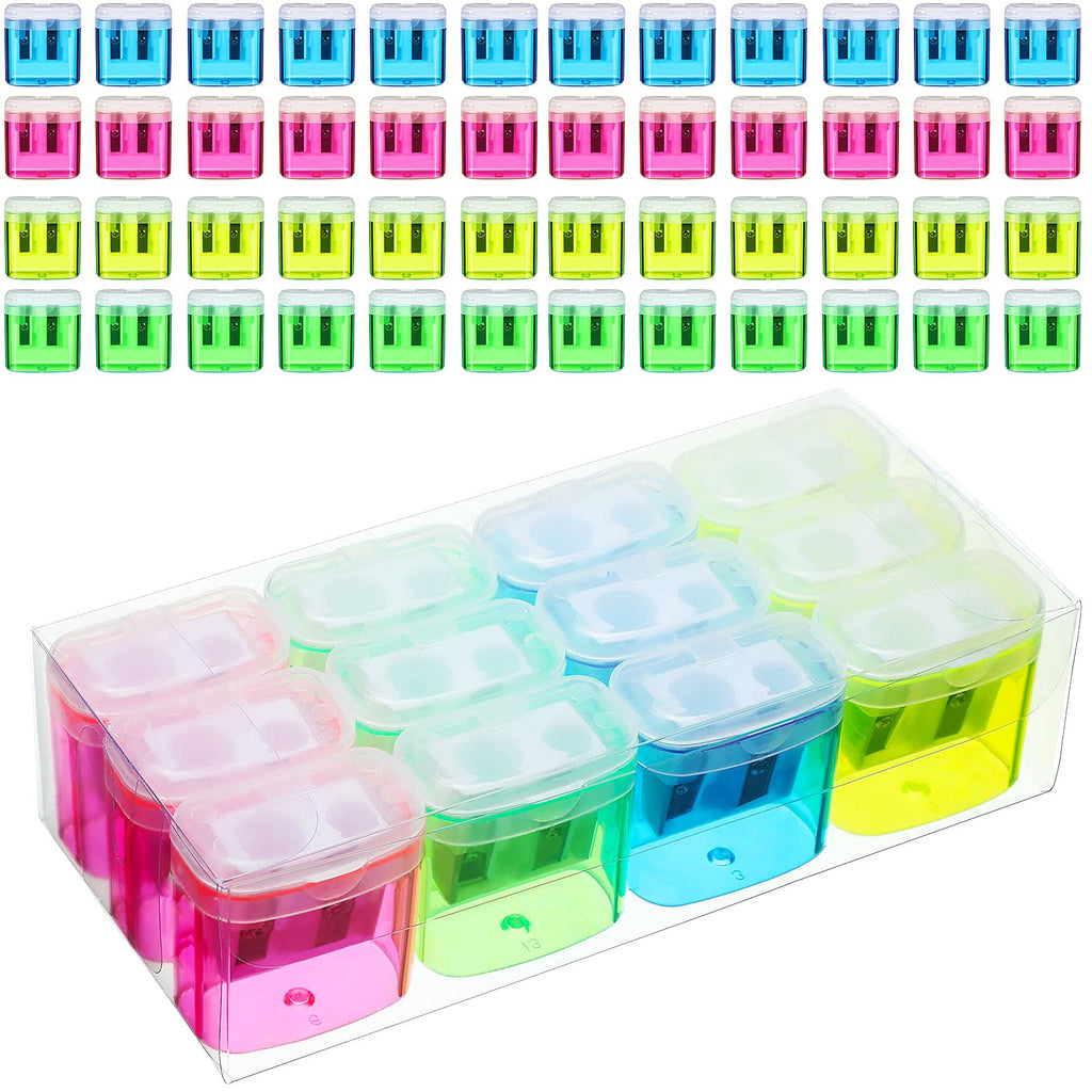 [Australia - AusPower] - 48 Pieces Pencil Sharpeners Manual Double Hole Pencil Sharpener with Lid Hand for School Office Home, Handheld Plastic Crayon Sharpener,Colourful Birthday Favor,Christmas Child Stocking 