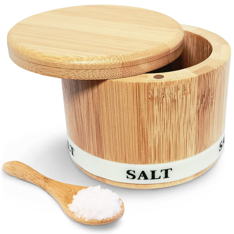 [Australia - AusPower] - ThougrLyh Bamboo Salt Box, Salt Box With Swivel Lid With Magnetic，Salt Cellar With Lid For Storing Salt, Herbs, Spices And Small Items Spice Box，Salt Bowls With Luminous (Salt box and spoon) salt box with spoon 